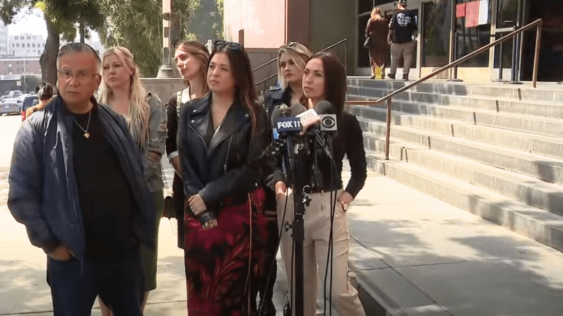 A group of defendants hold a press conference on March 20, 2024 addressing a lawsuit involving comments about a man on a Facebook group called "Are We Dating The Same Guy?" (KTLA)