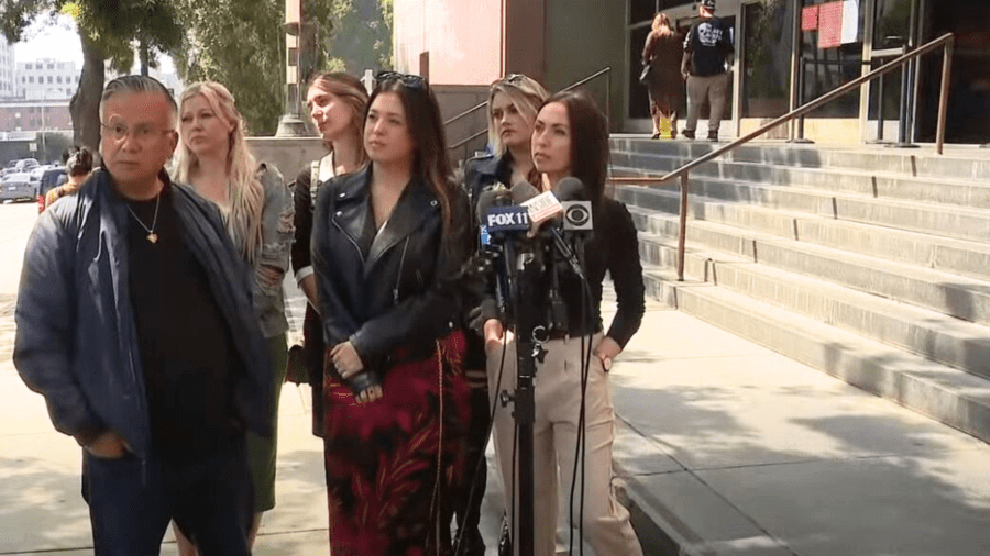 A group of defendants hold a press conference on March 20, 2024 addressing a lawsuit involving comments about a man on a Facebook group called "Are We Dating The Same Guy?" (KTLA)