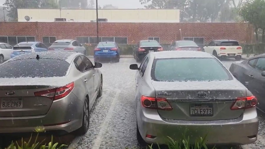 Large pieces of hail rained down on parked vehicles in Porter Ranch during a thunderstorm on March 7, 2024. (@shayera)