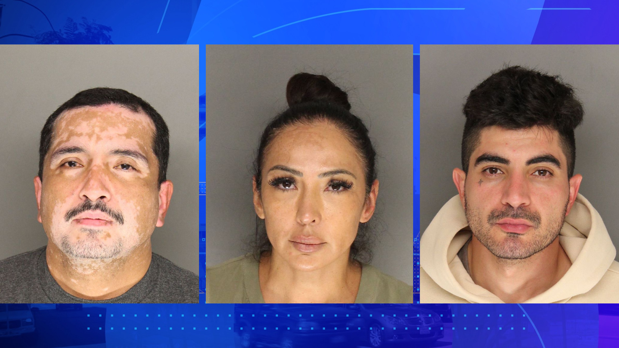 Ricardo Martin Del Campo (left), Pauline Macareno (center) and Henry Rostomyan (right) are shown in these mugshots provided by the Santa Barbara County Sheriff's Office. The three are believed to be involved in the murder-for-hire killing of 96-year-old Violet Alberts.