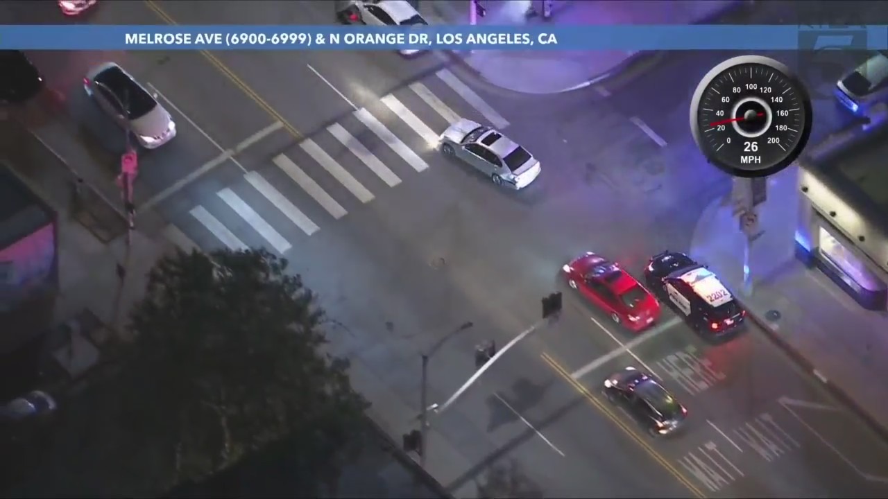 A suspect in a stolen vehicle was arrested after a dangerous pursuit through the streets of West Hollywood and downtown Los Angeles on March 29, 2024. (KTLA)