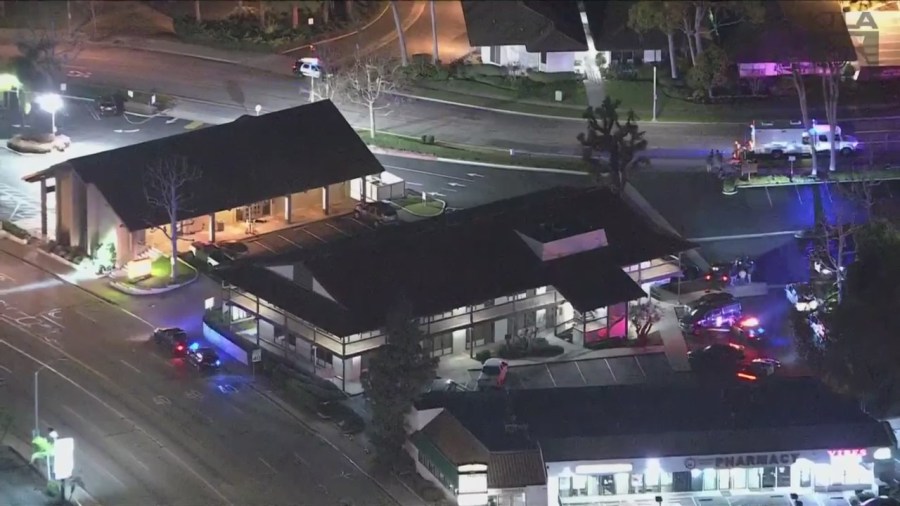 A suspect was killed after a bomb threat prompted the evacuation of a Fullerton bank on March 26, 2024. (KTLA)