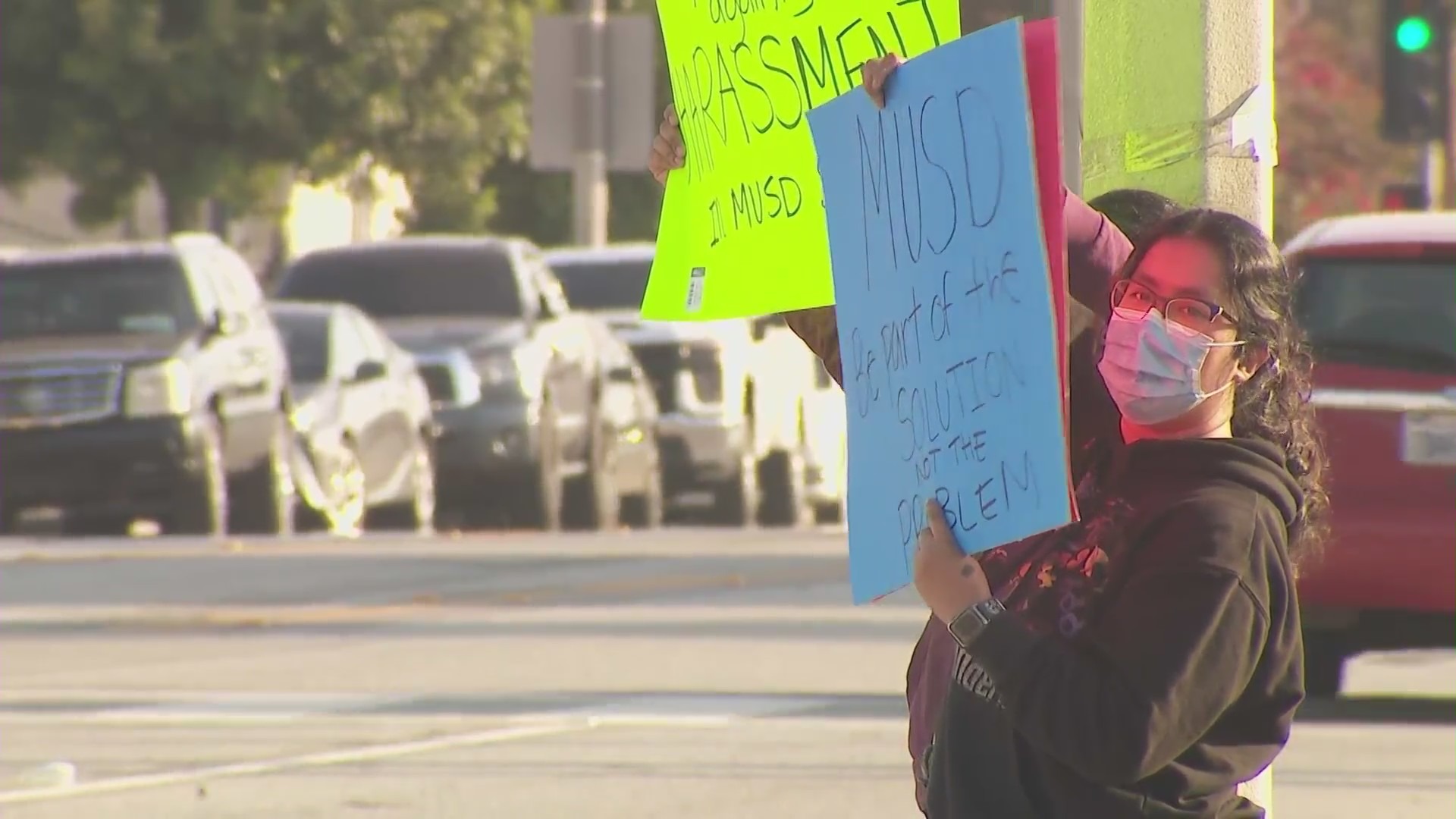 Parents and students gathered outside The Montebello Unified School District headquarters on March 20, 2024 over alleged bullying and sex assault incidents. (KTLA)