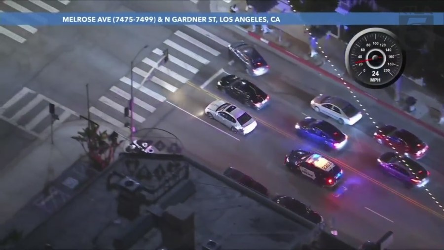 A suspect in a stolen vehicle was arrested after a dangerous pursuit through the streets of West Hollywood and downtown Los Angeles on March 29, 2024. (KTLA)