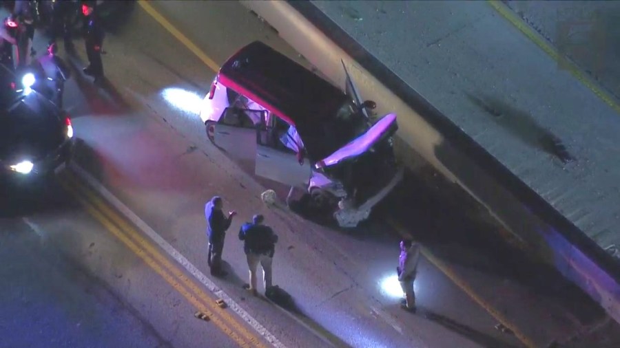 The suspect's stolen Kia Soul was destroyed after crashing during a high-speed pursuit through Los Angeles County on March 14, 2024. (KTLA)