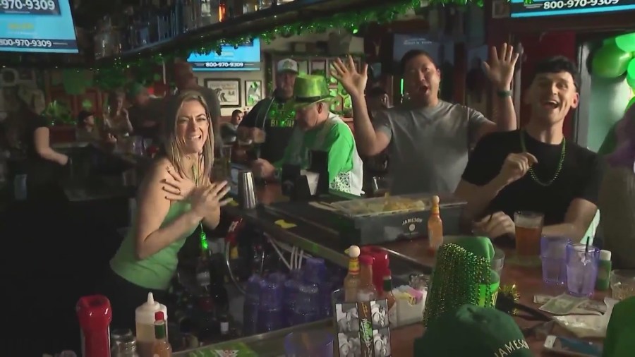 Partygoers celebrate St. Patrick's Day in a Los Angeles bar. (KTLA)