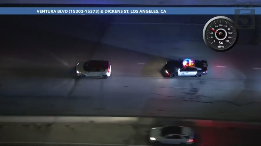 A driver in a stolen car was arrested after crashing during a high-speed pursuit through Los Angeles County on March 14, 2024. (KTLA)