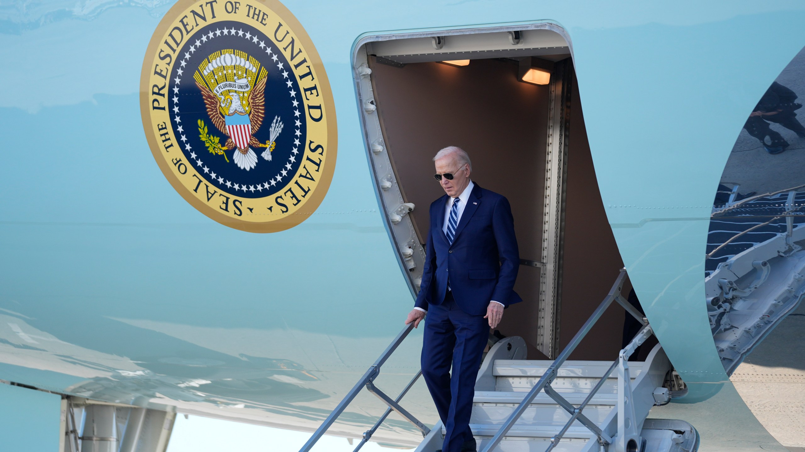 President Joe Biden arrives at John F. Kennedy International Airport, Thursday, April 25, 2024, in New York. (AP Photo/Evan Vucci)