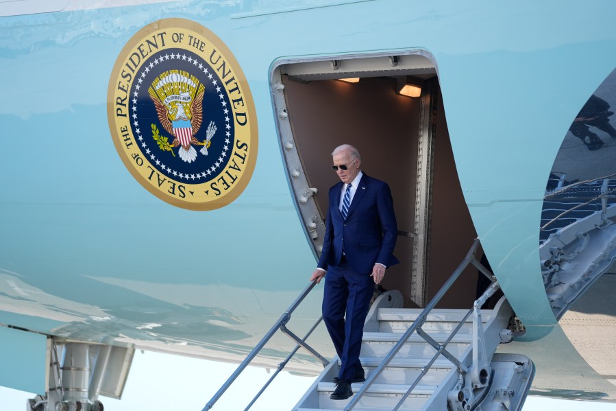 President Joe Biden arrives at John F. Kennedy International Airport, Thursday, April 25, 2024, in New York. (AP Photo/Evan Vucci)