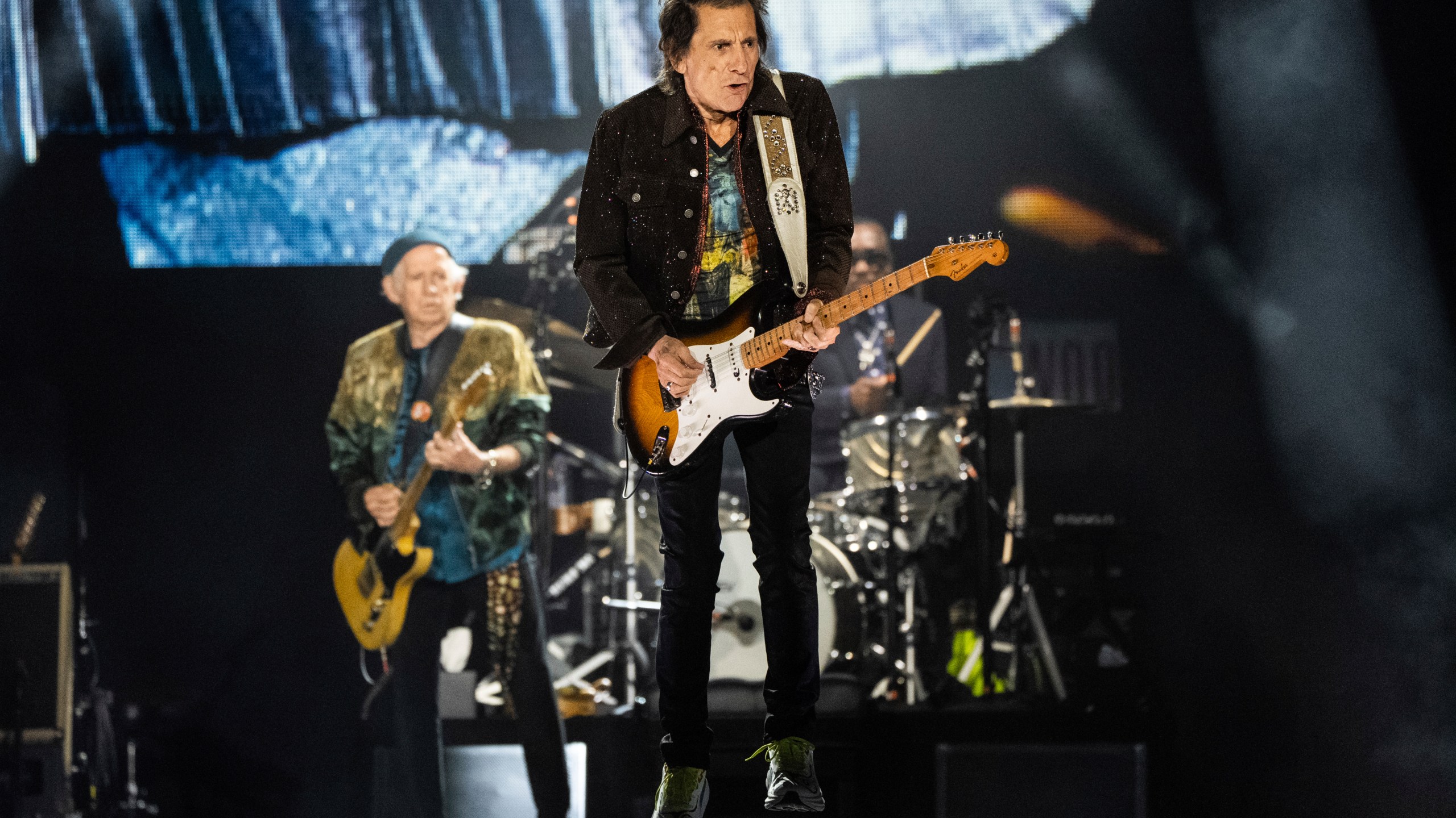 Ronnie Wood of The Rolling Stones performs during the first night of the U.S. leg of their "Hackney Diamonds" tour on Sunday, April 28, 2024, in Houston. (Photo by Amy Harris/Invision/AP)