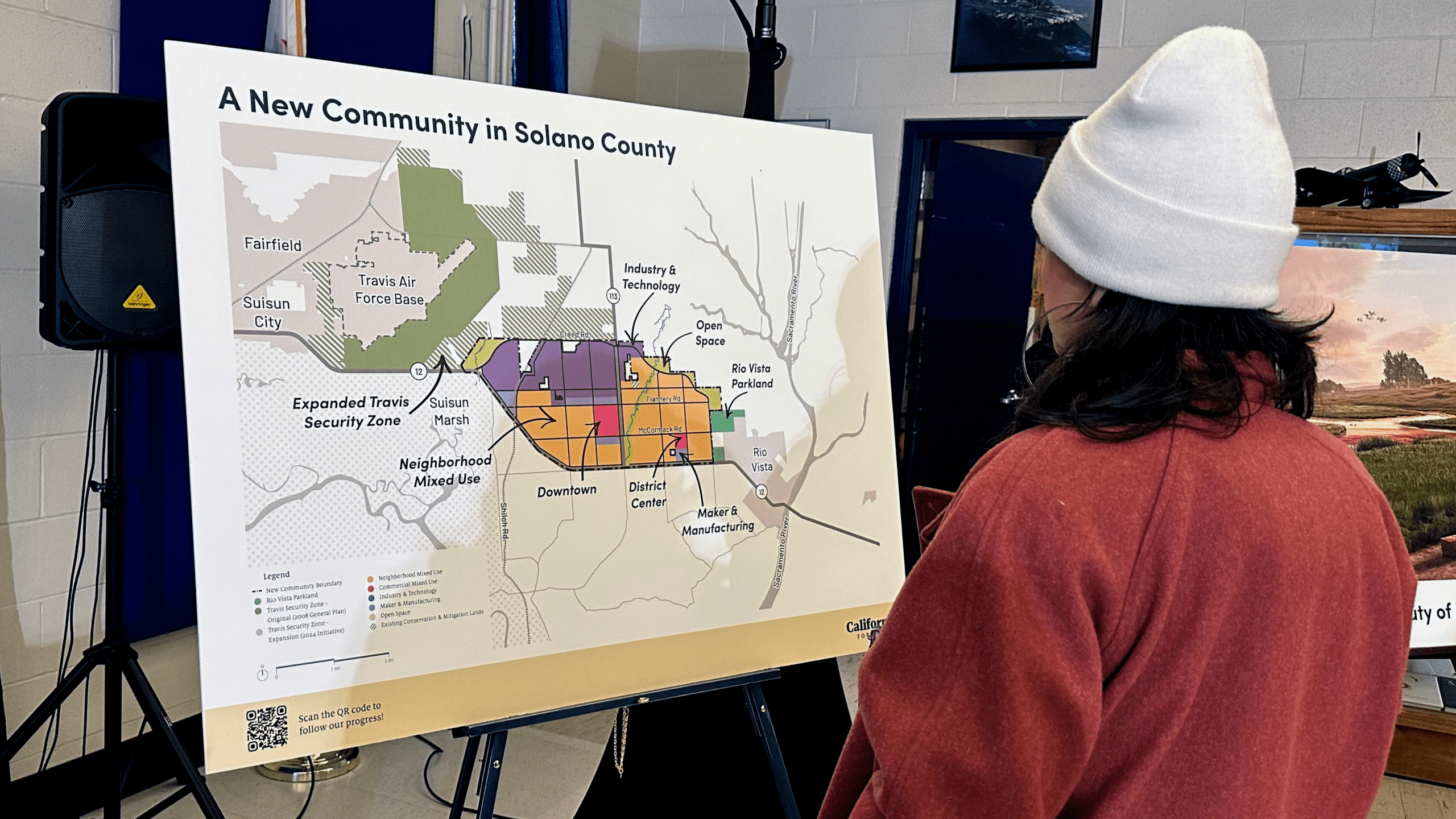 A map of a new proposed community in Solano County, Calif., is displayed during a news conference in Rio Vista, Calif. on Jan. 17, 2024.