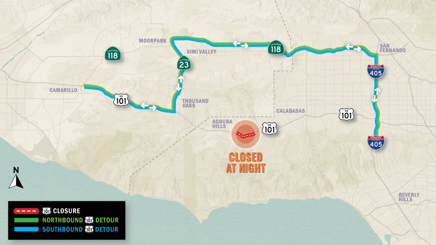 A map shows detours around the 101 Freeway wildlife crossing project.