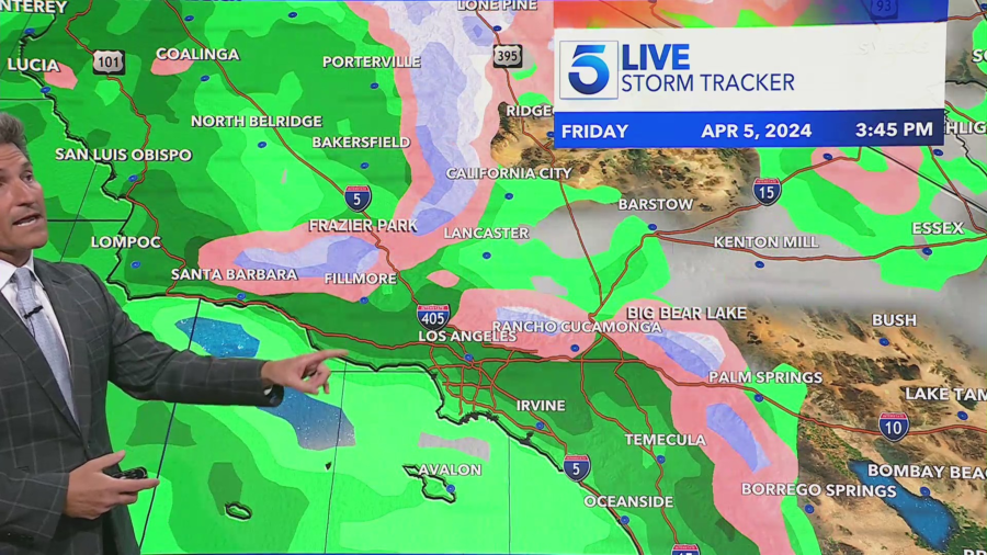 The KTLA Storm Tracker on Monday, April 1, shows the predicted moisture for Friday. (KTLA)