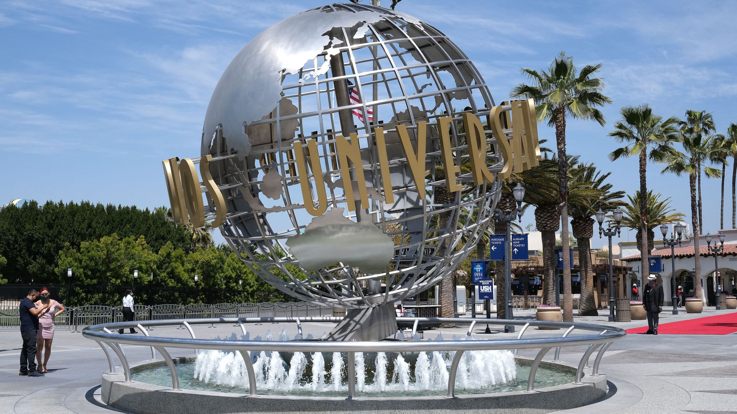 The Universal Studios globe fountain is pictured in Los Angeles, California, on April 15, 2021. (Getty Images)