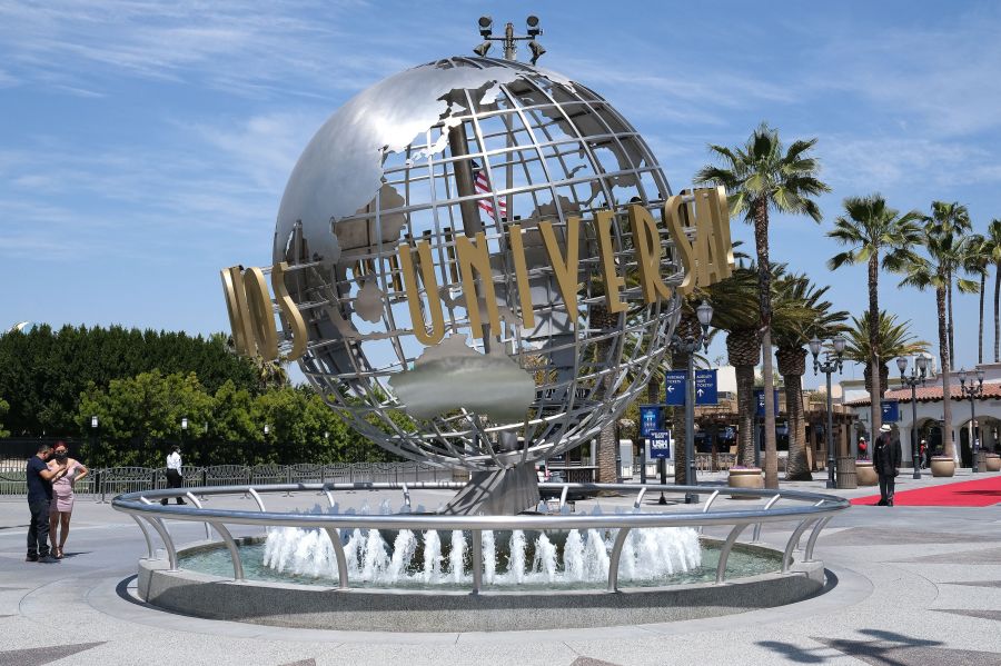 The Universal Studios globe fountain is pictured in Los Angeles, California, on April 15, 2021. (Getty Images)