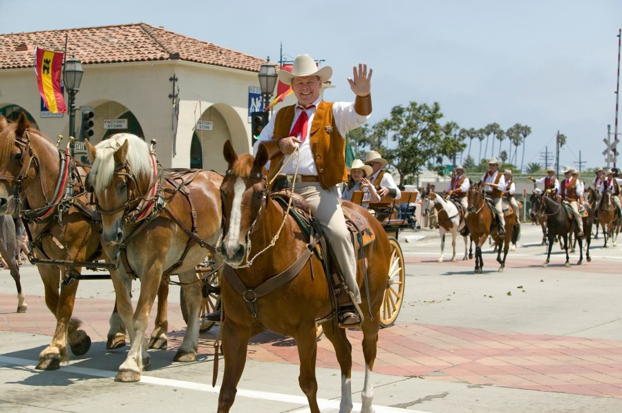 Spanish cowboy on horseback during Old Spanish Days opening day parade down State Street, Santa Barbara, California, August 2007. (Getty Images)