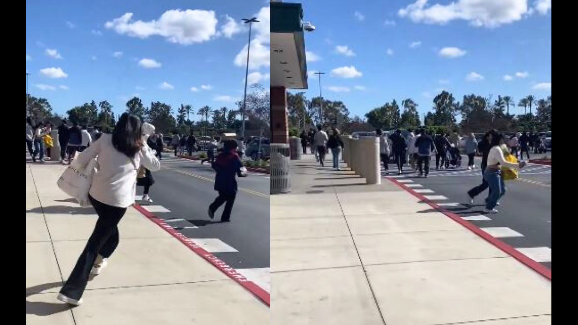 Shoppers seen running from the mall's exits after a shooting left one person dead at Los Cerritos Center on April 5, 2024. (@BiancaMRoman)