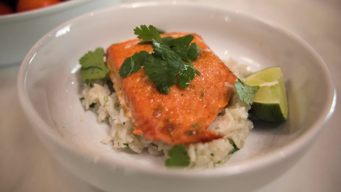 Honey butter lime salmon over coconut rice