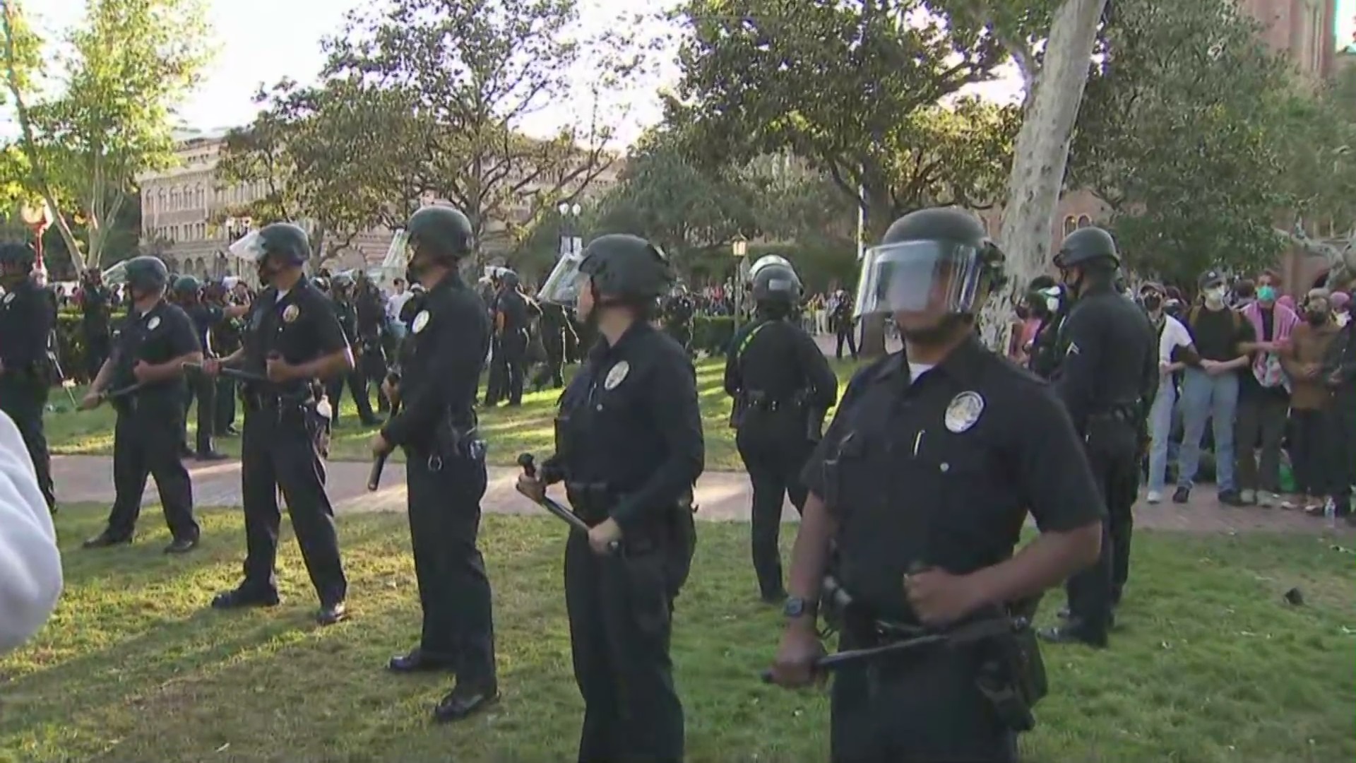 Police in riot gear dispersing pro-Palestinian demonstrators at the University of Southern California on April 24, 2024. (KTLA)