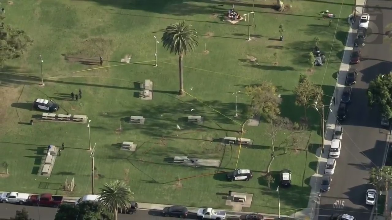 Portions of a Long Beach park cordoned off after a male suspect with a gun was shot and killed by officers on April 17, 2024. (KTLA)