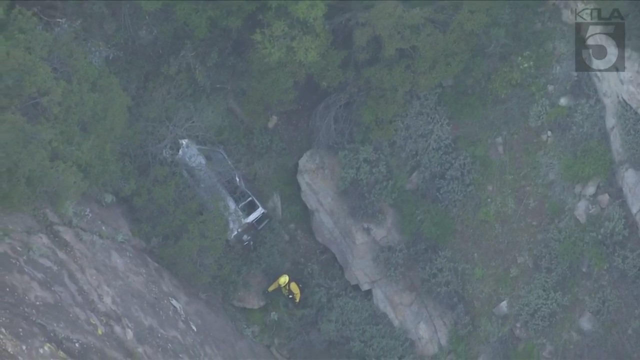 One person was killed after a vehicle crashed off a cliffside in Malibu on April 3, 2024. (KTLA)