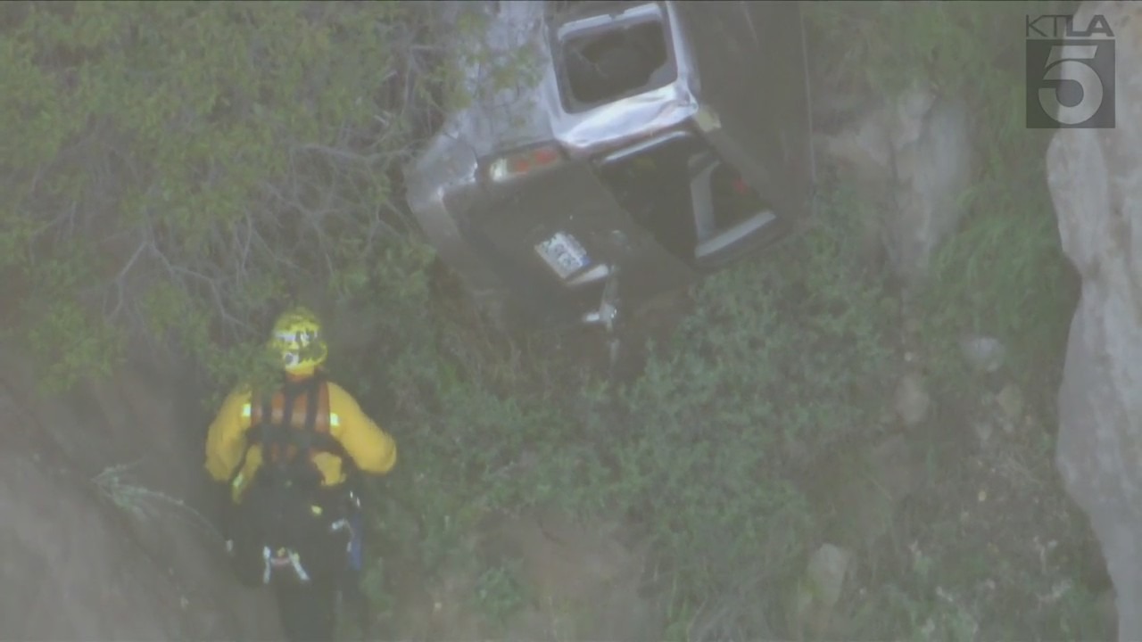 One person was killed after a vehicle crashed off a cliffside in Malibu on April 3, 2024. (KTLA)