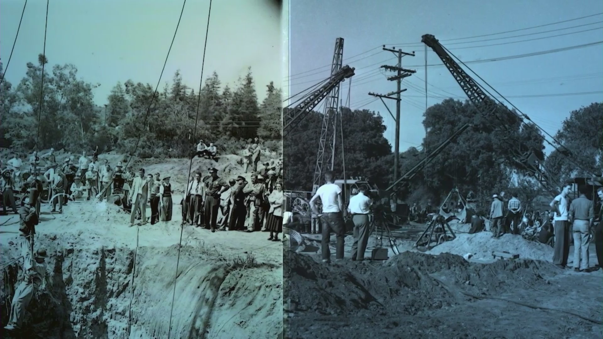 Emergency crew members dig into the earth as 3-year-old Kathy Fiscus remains trapped 90 feet below in an abandoned well in San Marino, April 1949. (Los Angeles Times)