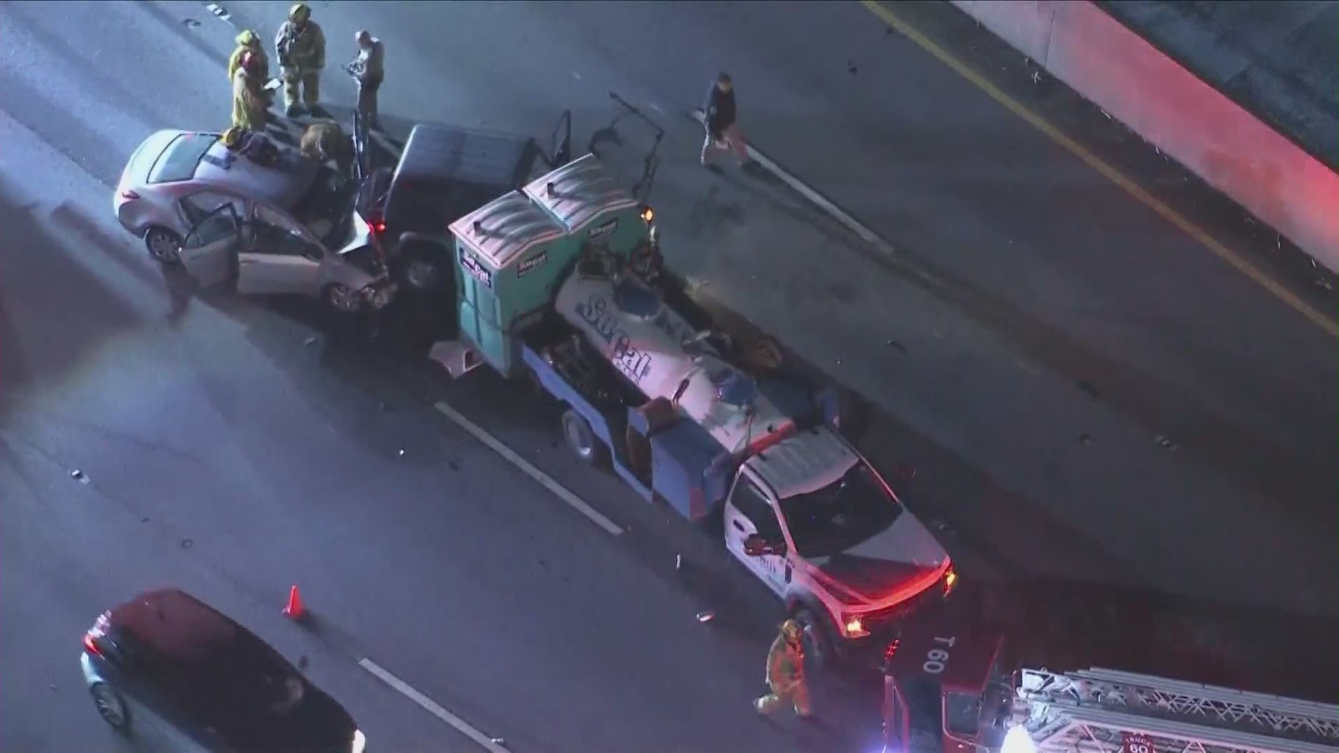 Authorities investigate after a crash kills a Los Angeles Fire Department recruit on the 101 Freeway in Studio City on April 15, 2024. (KTLA)