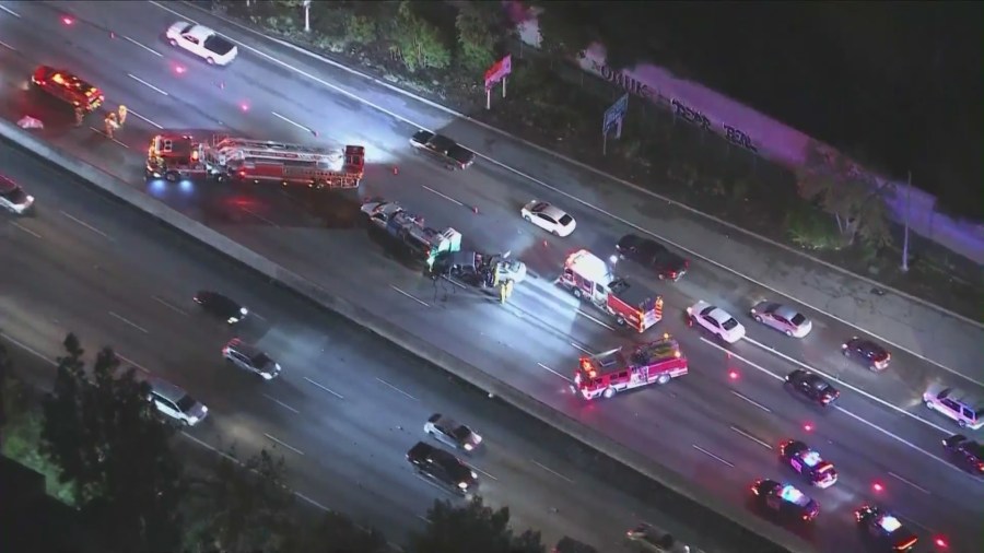 Authorities investigate after a crash kills a Los Angeles Fire Department recruit on the 101 Freeway in Studio City on April 15, 2024. (KTLA)