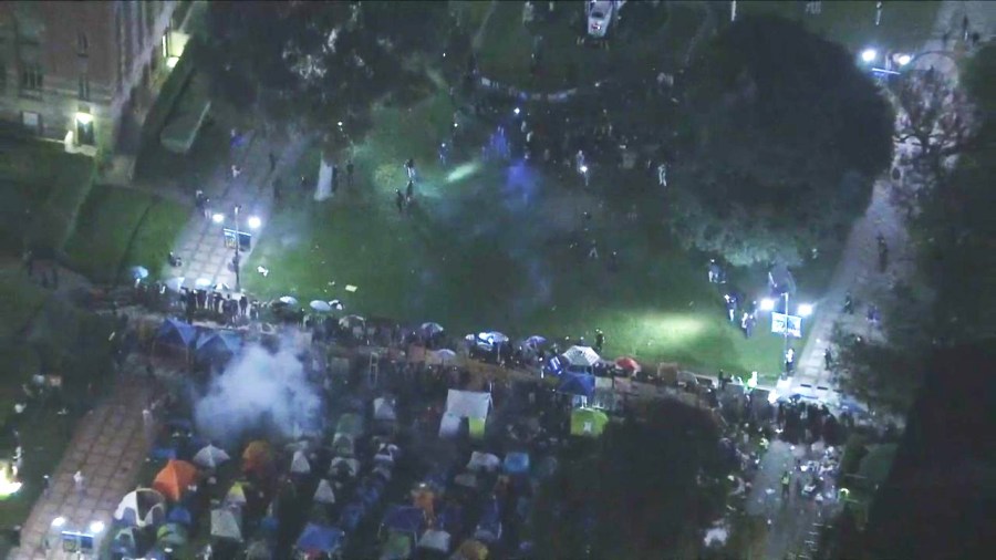 Violence broke out at a pro-Palestinian encampent at UCLA when pro-Israel protestors arrived on April 30, 2024. (KTLA)