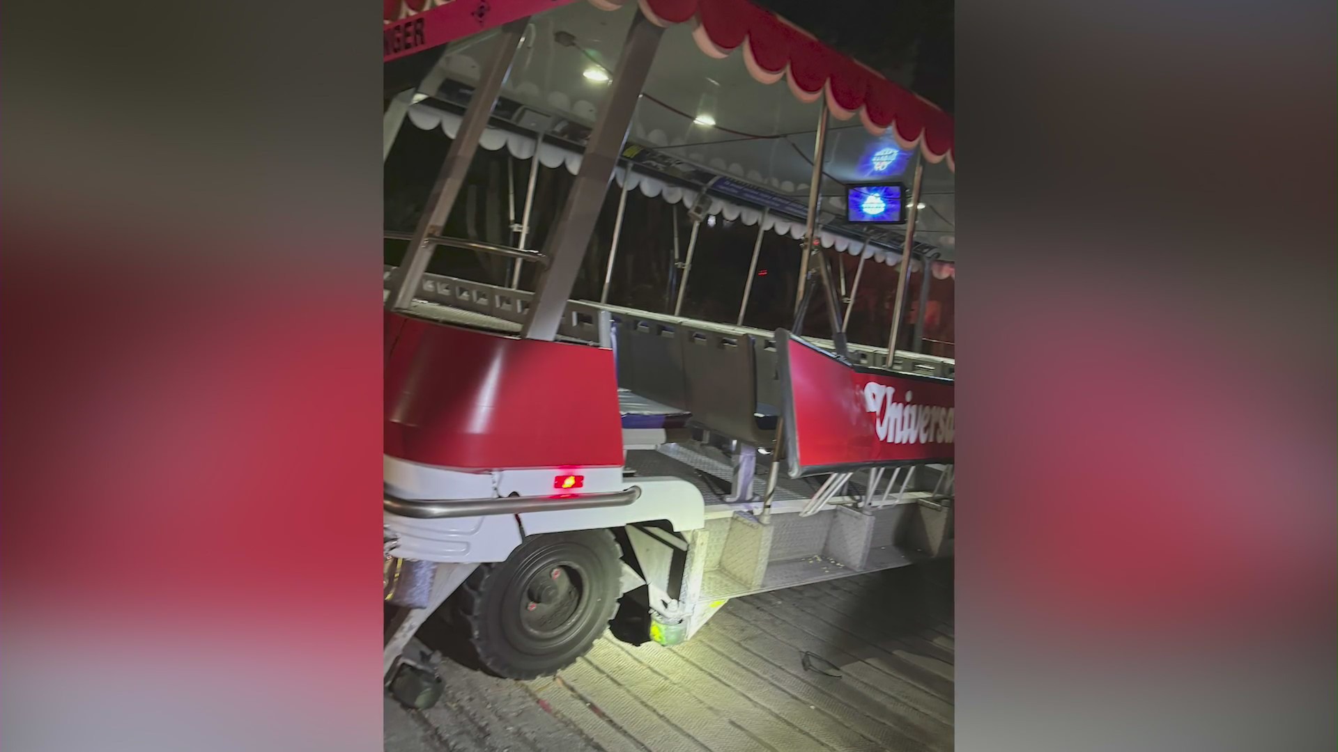 The damage to a Universal Studios Hollywood tram car after crashing into a metal guardrail during a backlot studio tour on April 20, 2024.