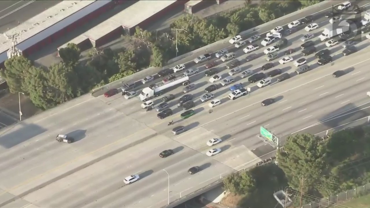 Lanes on the westbound 91 Freeway were shut down, causing traffic to be backed up for miles on April 26, 2024. (KTLA)