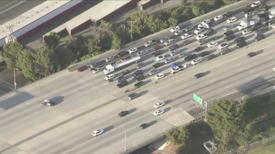 Lanes on the westbound 91 Freeway were shut down, causing traffic to be backed up for miles on April 26, 2024. (KTLA)