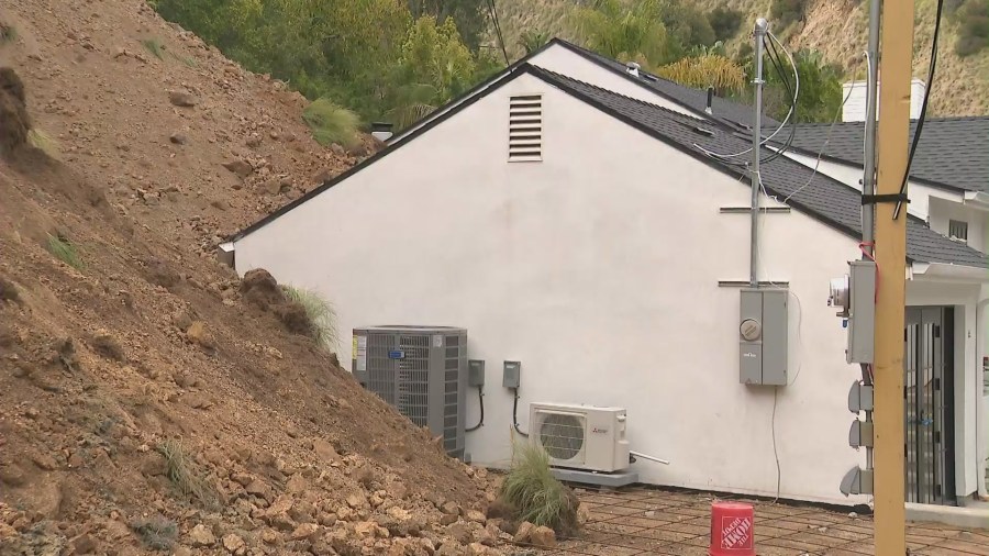 A Hollywood Hills home was partially buried by a large landslide on April 4, 2024. (KTLA)