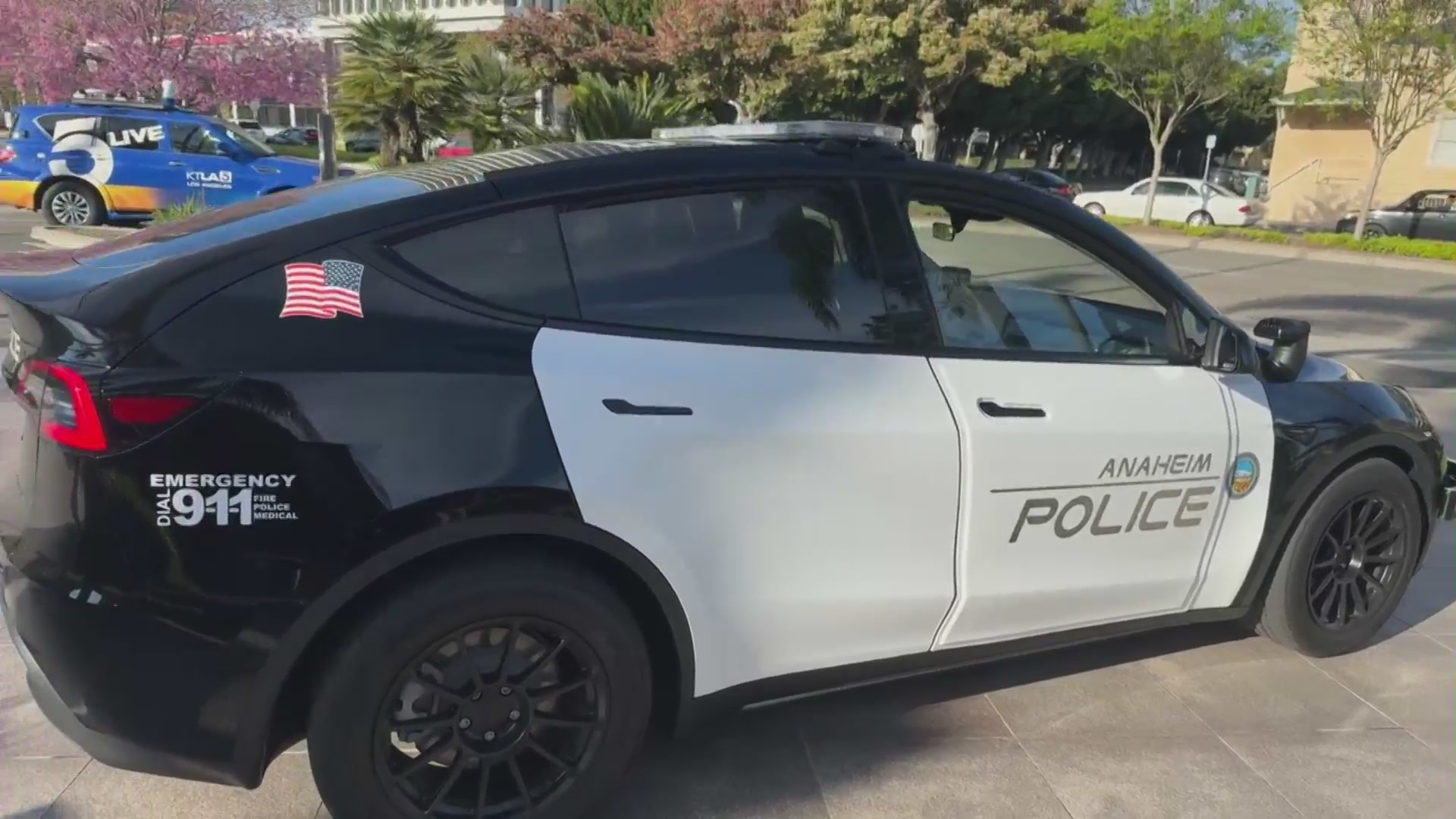 Anaheim Police Department's new Tesla Model Y patrol vehicles. (KTLA)