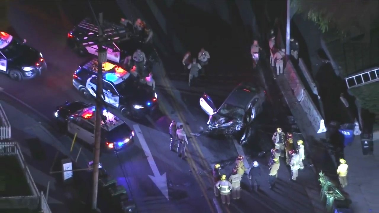 Four juveniles in a stolen vehicle were hospitalized after crashing in Boyle Heights during a pursuit on April 23, 2024. (KTLA)