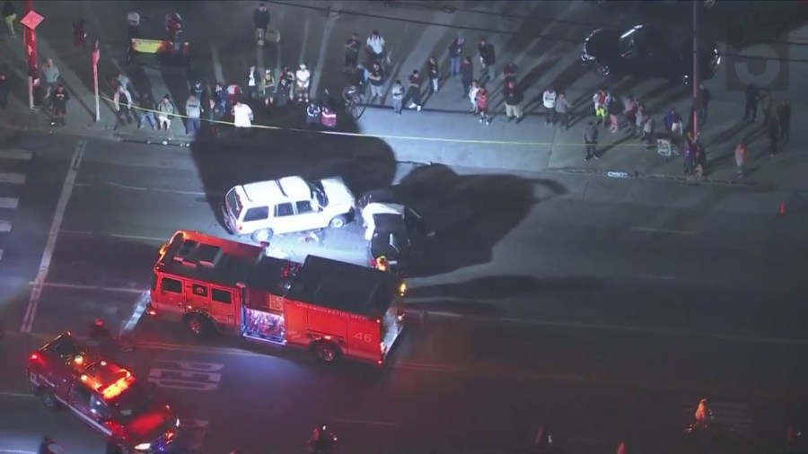 One person was killed and two others, including a young boy, were hospitalized after a suspected hit-and-run crash in South Los Angeles on April 11, 2024. (KTLA)