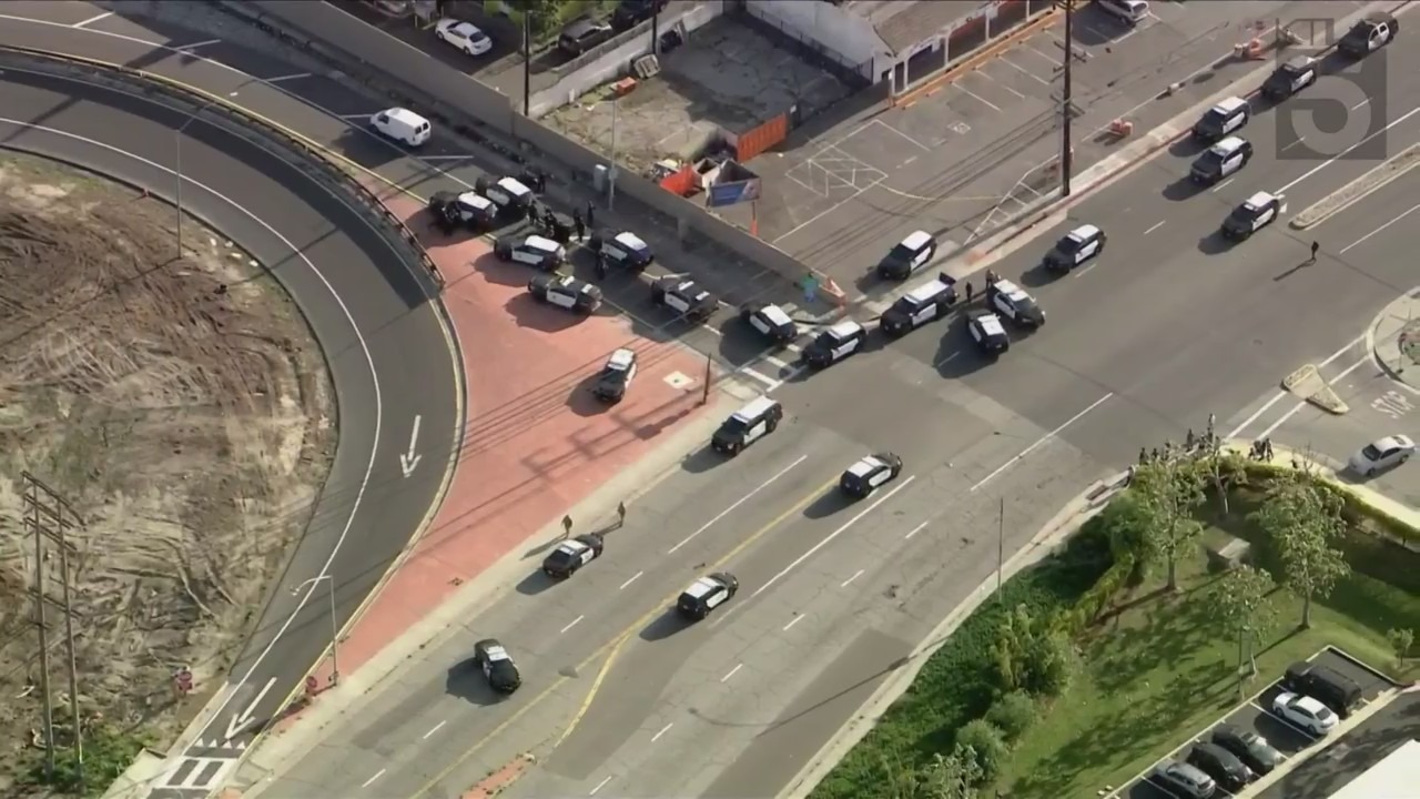 The suspect barricaded himself inside a van at the on-ramp to the southbound 710 Freeway in Compton on April 26, 2024. (KTLA)