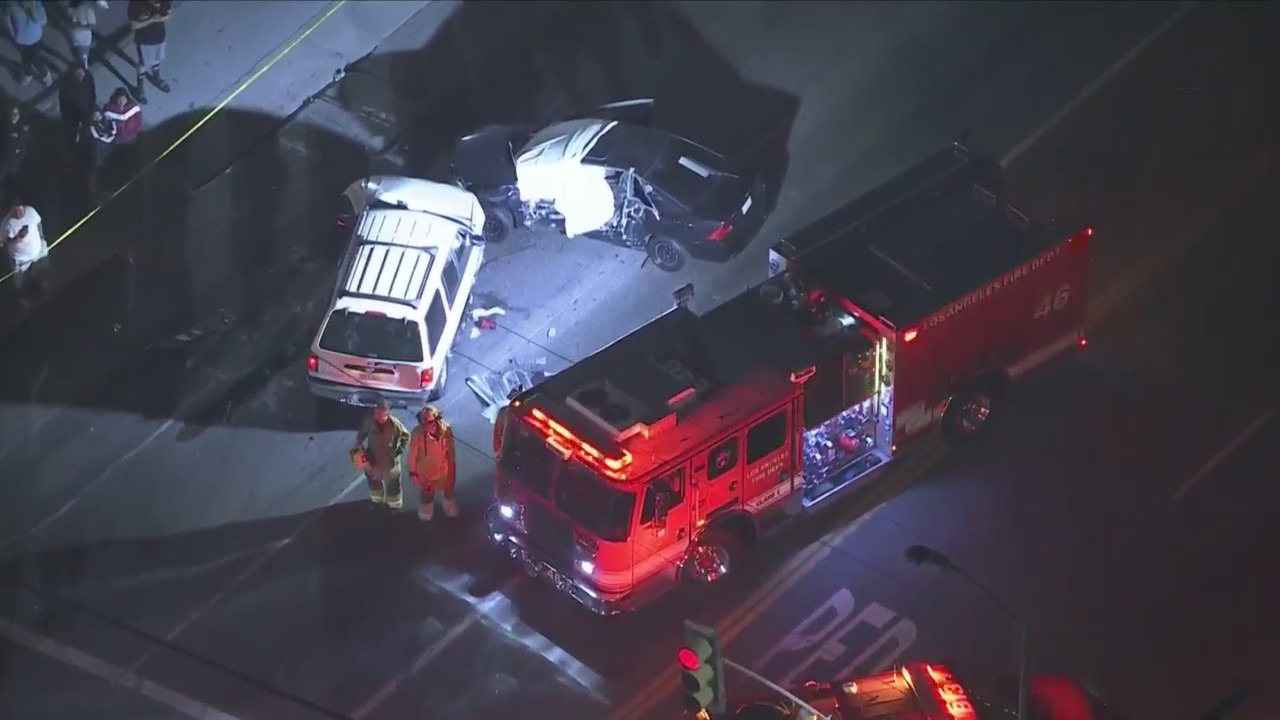 One person was killed and two others, including a young boy, were hospitalized after a suspected hit-and-run crash in South Los Angeles on April 11, 2024. (KTLA)