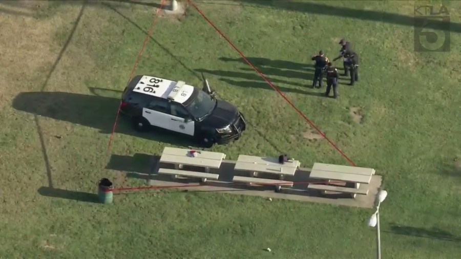 Portions of a Long Beach park cordoned off after a male suspect with a gun was shot and killed by officers on April 17, 2024. (KTLA)