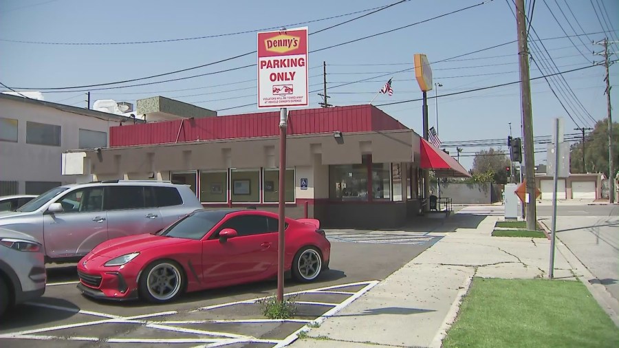 The Denny's restaurant near LAX where David and Leslie Hunt's ashes were stolen on April 19, 2024 by thieves smashing car windows. (KTLA)