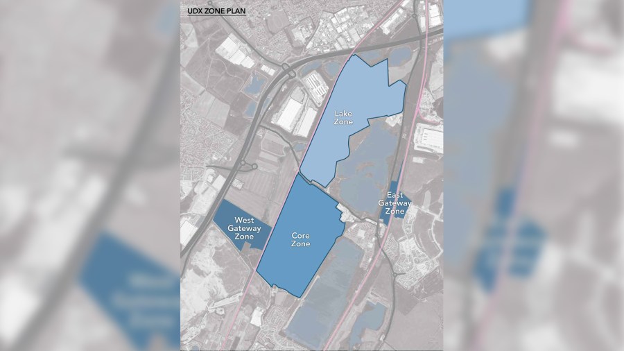 This photo shows proposed 'zones' that could make up a possible Universal Studios theme park in the United Kingdom. (Universal)