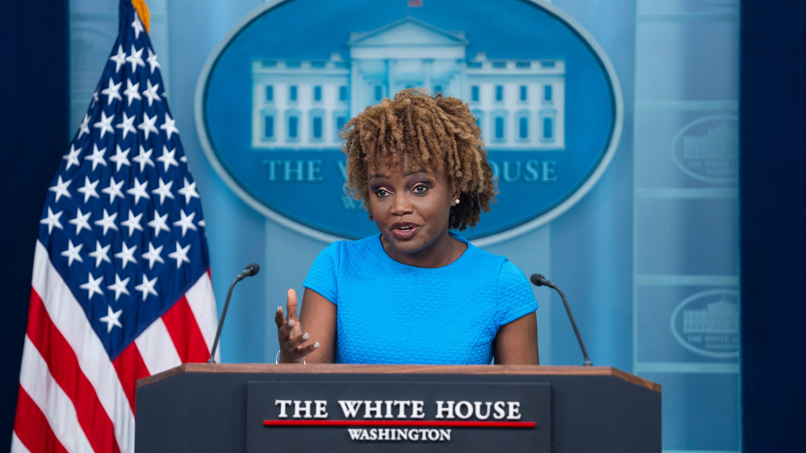 White House press secretary Karine Jean-Pierre speaks during a briefing at the White House, Wednesday, May 1, 2024, in Washington. (AP Photo/Evan Vucci)