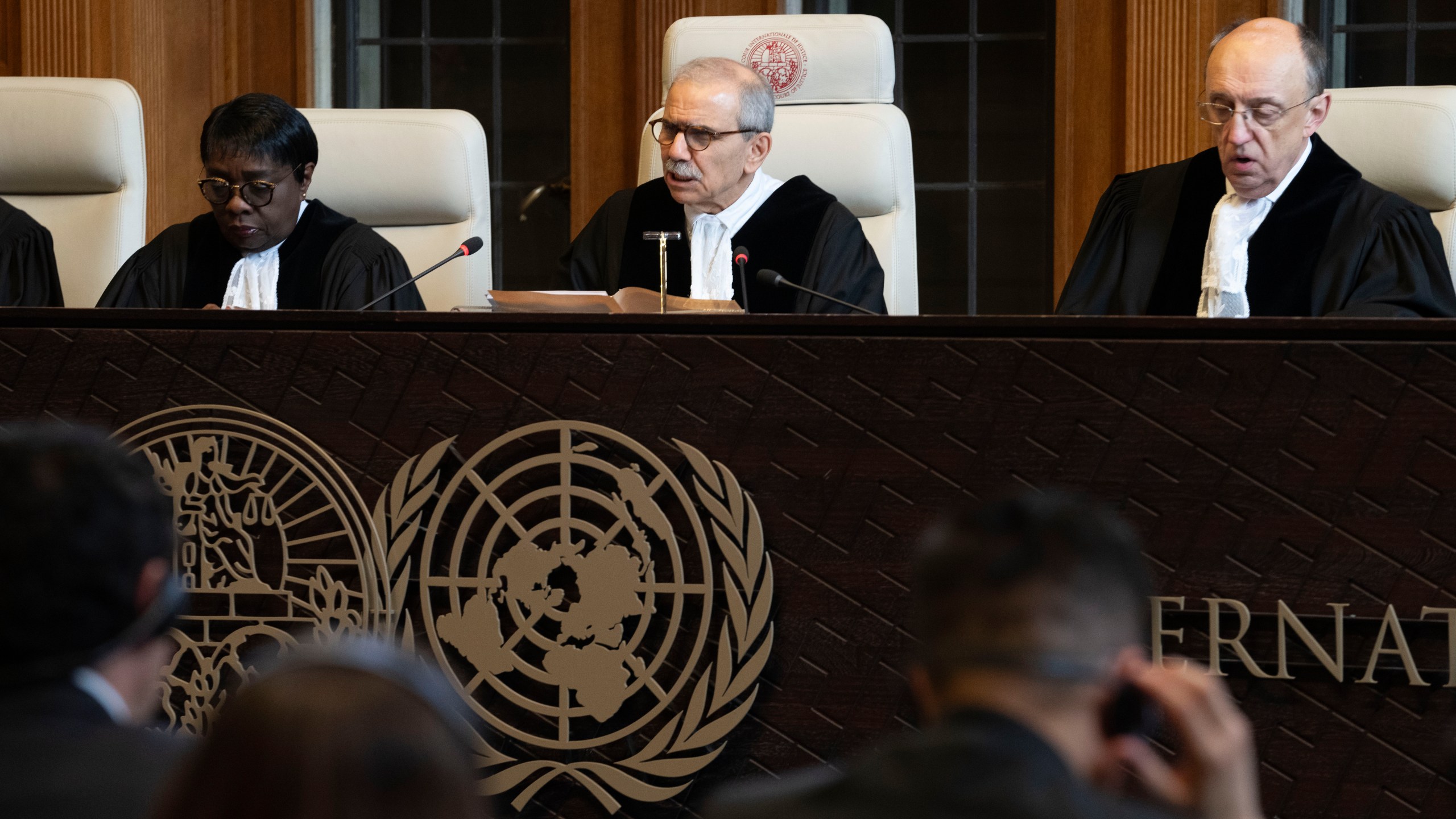 Judge Nawaf Salam, center, presides at the International Court of Justice, or World Court, in The Hague, Netherlands, Wednesday, May 1, 2024. Mexico is taking Ecuador to the United Nations' top court on Tuesday accusing the nation of violating international law by storming into the Mexican embassy in Quito on April 5, and arresting former Ecuador Vice President Jorge Glas, who had been holed up there seeking asylum in Mexico. (AP Photo/Peter Dejong)