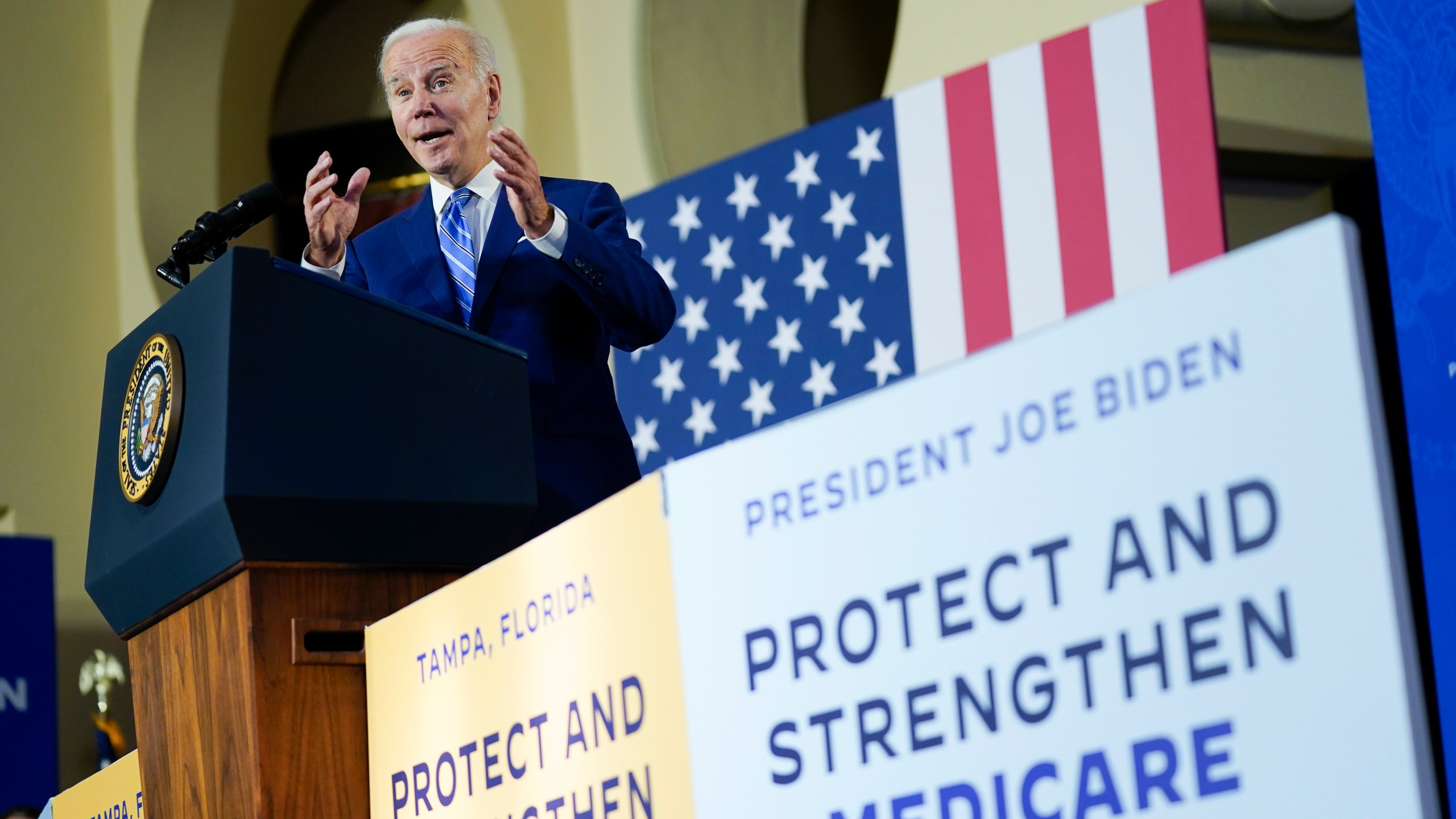 FILE - President Joe Biden speaks about his administration's plans to protect Social Security and Medicare and lower healthcare costs, Feb. 9, 2023, in Tampa, Fla. The go-broke dates for benefit programs Medicare and Social Security have been pushed back as an improving economy has contributed to changed projected depletion dates, according the annual Social Security and Medicare trustees report released Monday, May 6, 2024. (AP Photo/Patrick Semansky, File)