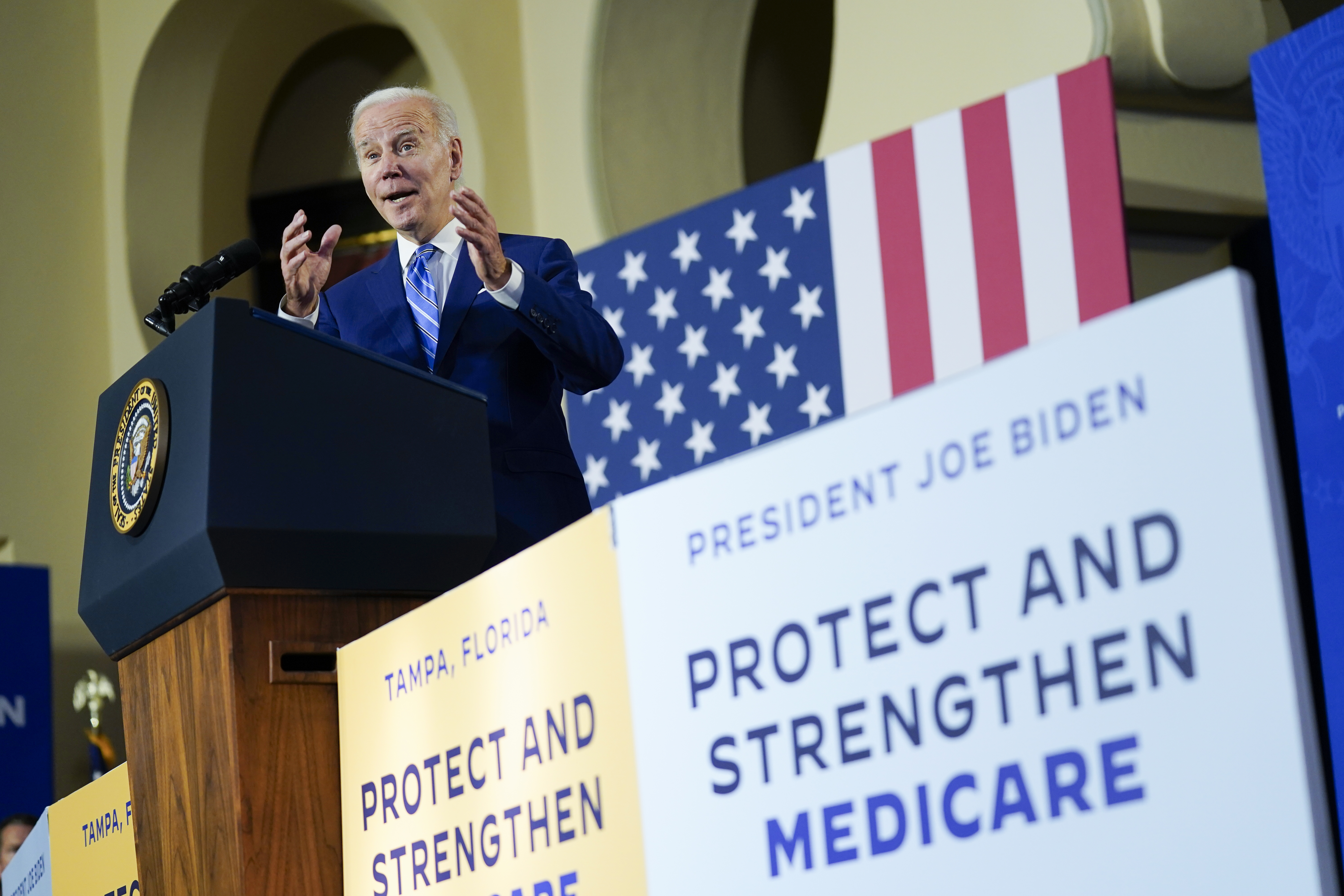 FILE - President Joe Biden speaks about his administration's plans to protect Social Security and Medicare and lower healthcare costs, Feb. 9, 2023, in Tampa, Fla. The go-broke dates for benefit programs Medicare and Social Security have been pushed back as an improving economy has contributed to changed projected depletion dates, according the annual Social Security and Medicare trustees report released Monday, May 6, 2024. (AP Photo/Patrick Semansky, File)