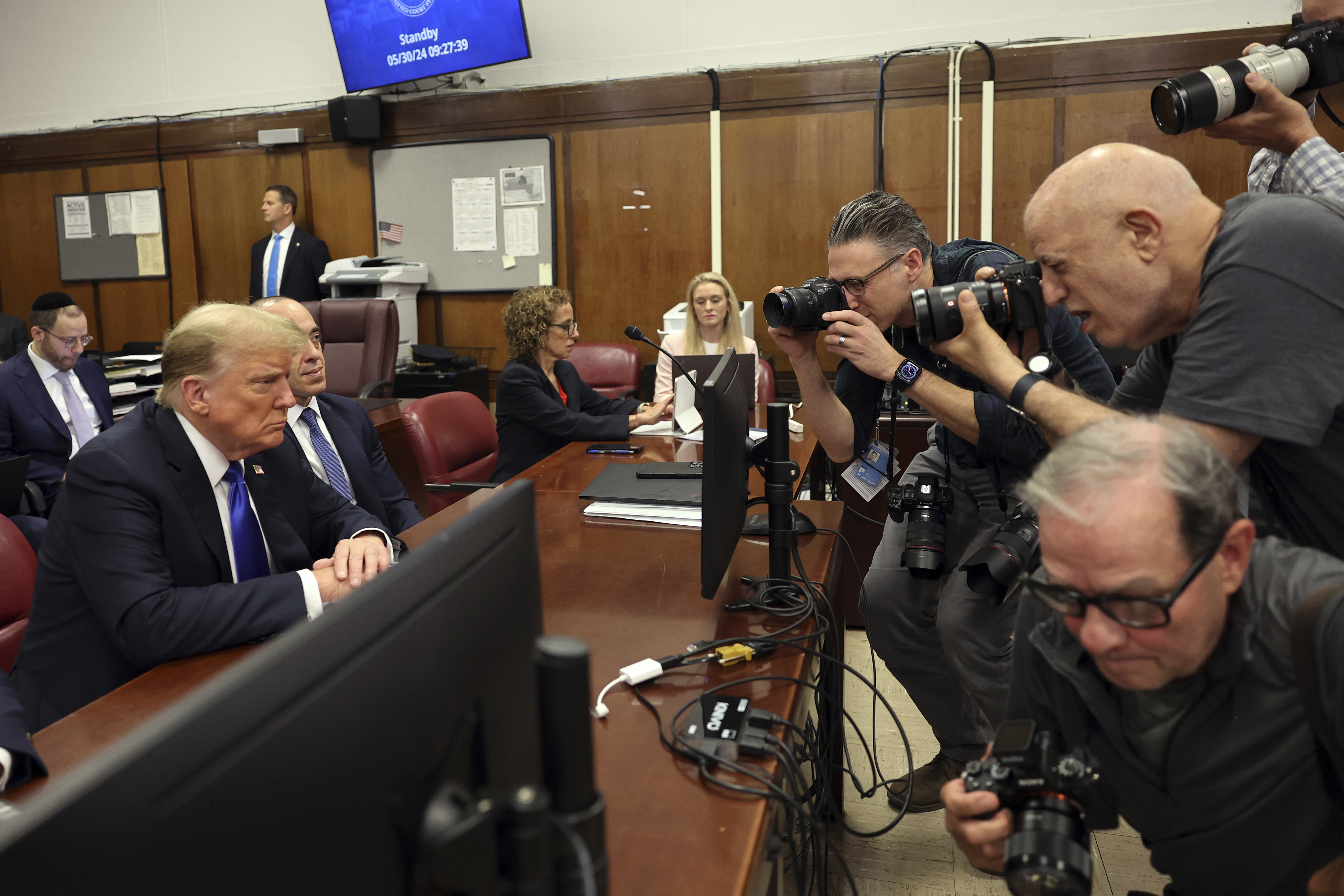 Former President Donald Trump appears at Manhattan criminal court during jury deliberations in his criminal hush money trial in New York, Thursday, May 30, 2024. (Michael M. Santiago/Pool Photo via AP)