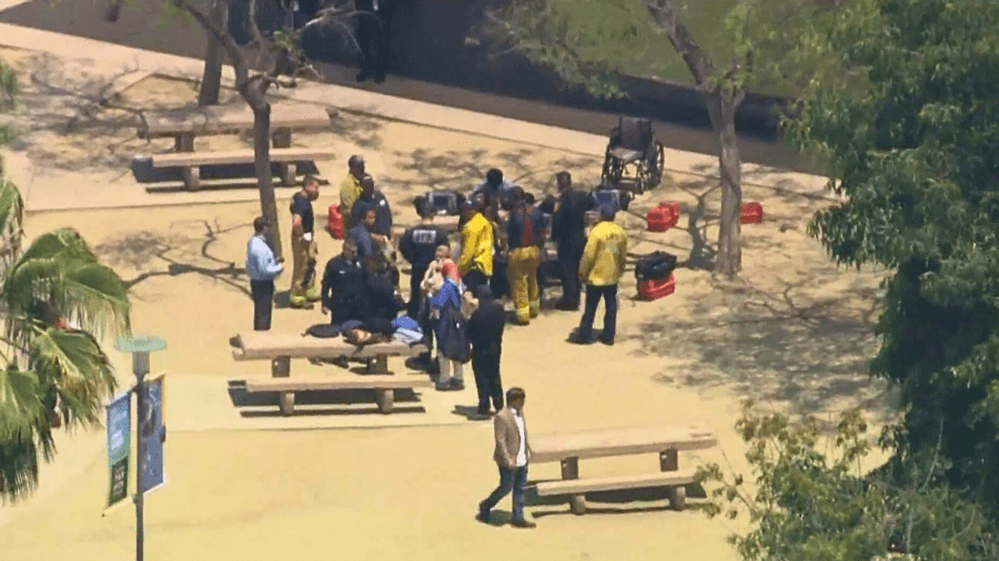 Paramedics respond after several teenagers fell ill during a field trip to the La Brea Tar Pits on May 14, 2024.