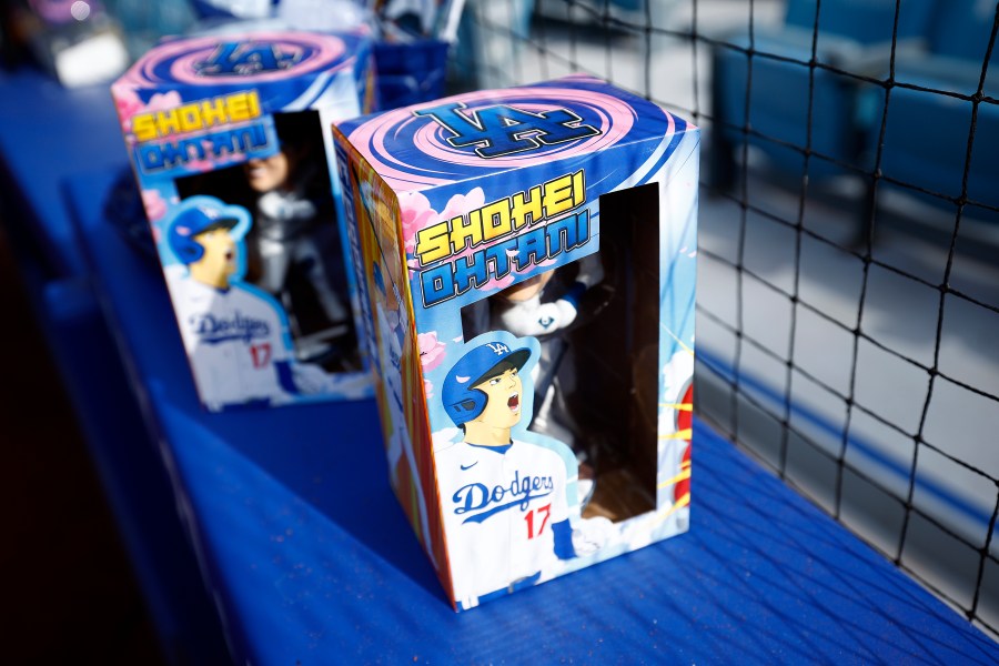 Dodgers star Shohei Ohtani's first team bobbleheads are shown at Dodger Stadium on May 16, 2024 in Los Angeles. (Getty Images)