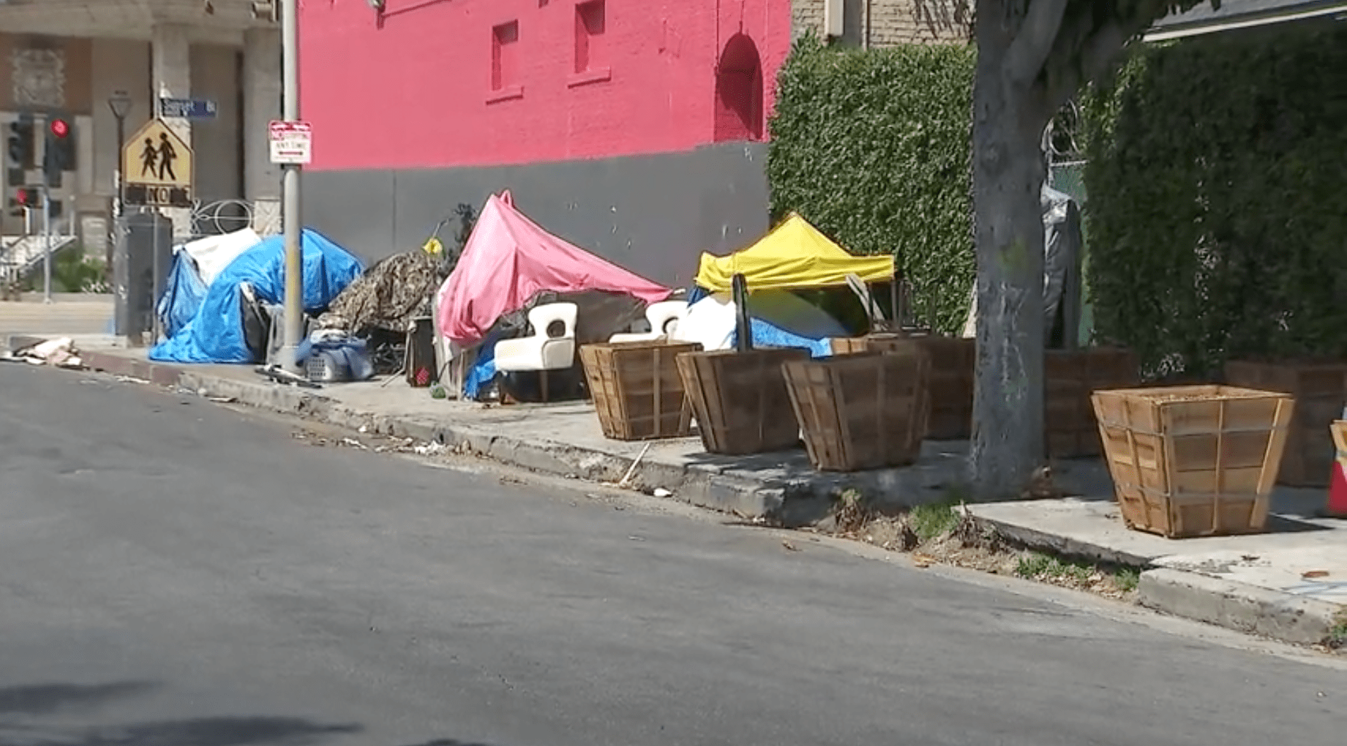 Businesses in Hollywood along Sunset Boulevard paid to install planters on the sidewalks to deter homeless encampments. These images were shot on May 12, 2024. (KTLA)